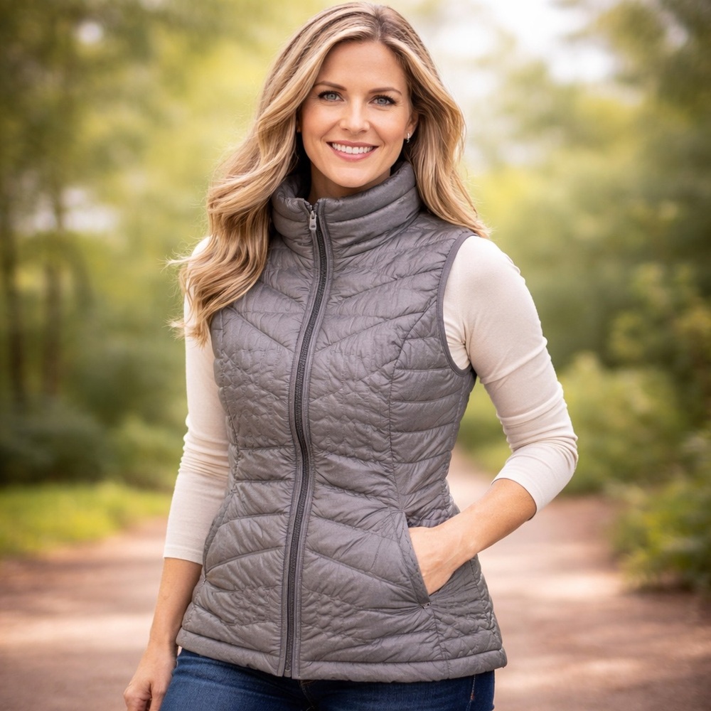 GERRY Womens Gray Packable Down Puffer Vest Lightweight Full Zip Medium